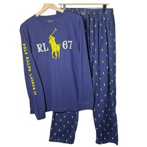 Polo Ralph Lauren Men’s Jersey Pajama Set Navy Yellow Top XL Bottoms L